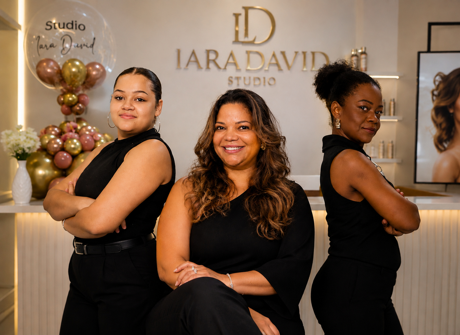 Equipe do Studio Iara David reunida no ambiente acolhedor do salão em Ribeirão Preto