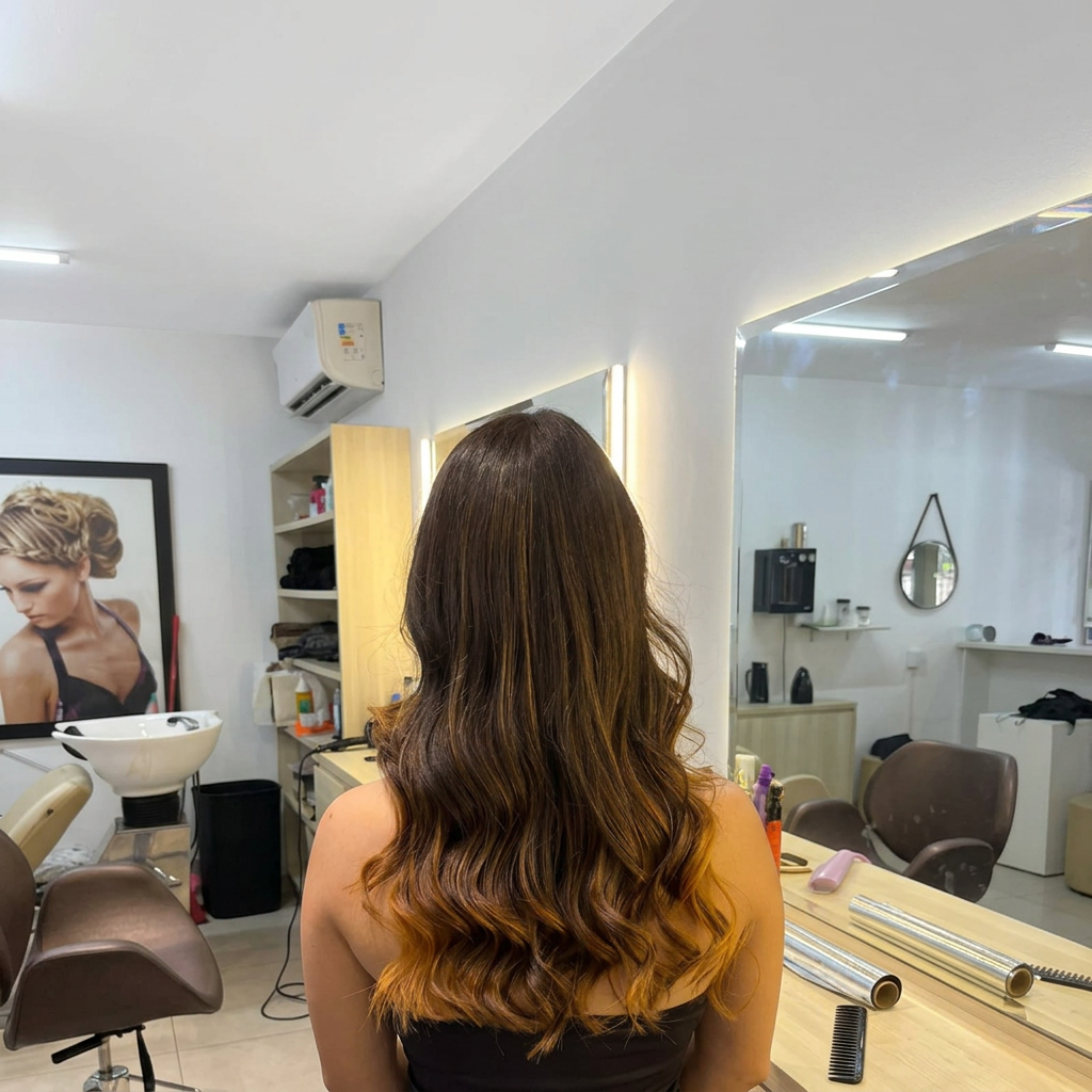 Cabelo castanho com iluminação e contorno, vista de costas