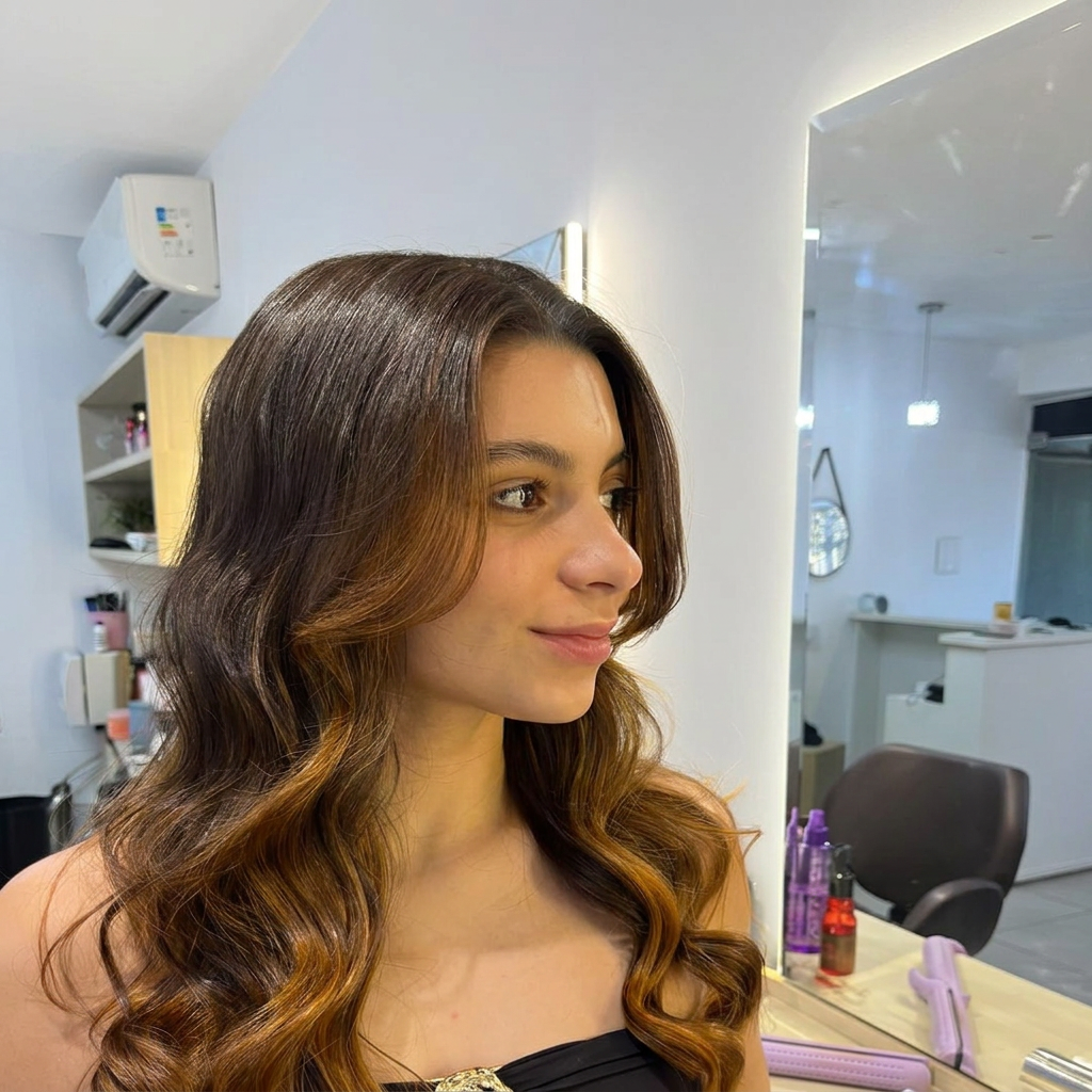 Cabelo castanho com contorno iluminado, vista de perfil